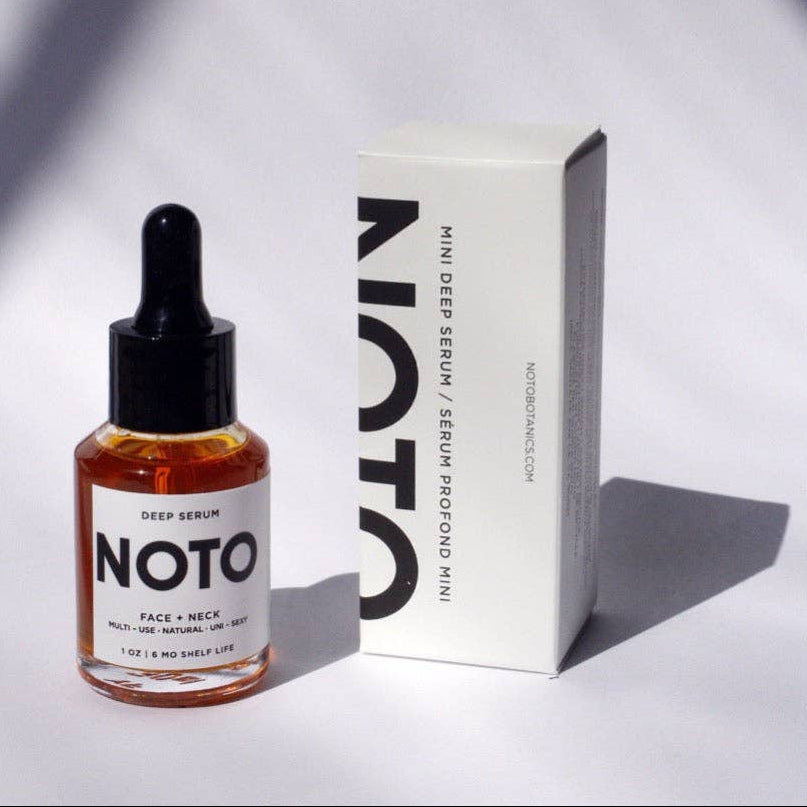 Noto deep serum bottle and packaging on a light gray background